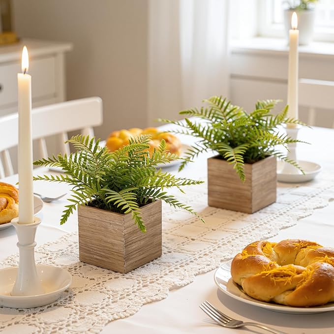 2 Pack Medium Fake Fern Plants with 4 Inch Wooden Planters, 9" Inch Tall Indoor Artificial Fern Plants for Shelves, Desktop, Bedroom, Office Decor