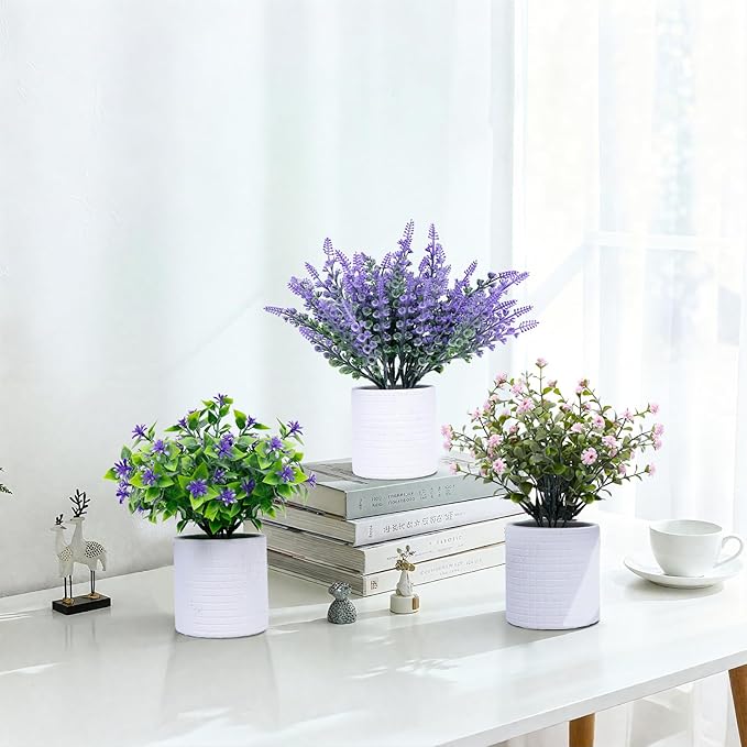 FGSAEOR Mini Potted Fake Plants, Small Artificial Greenery Plants Topiaries, Low Maintenance, Shelf Desk Room Table Office Home Decor (3-Pack) (White Pot - Purple Pink)