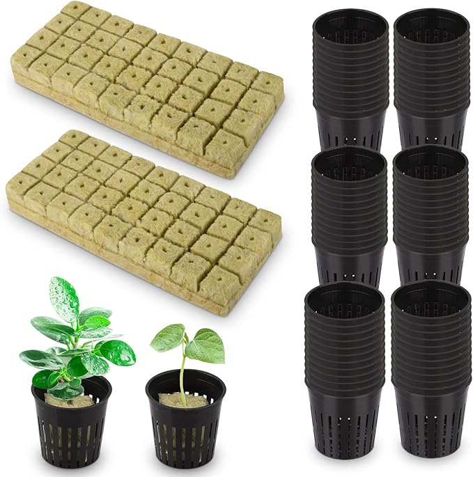72 Sets Rockwool Cubes and Net Pots, 1.2 * 1.2 * 1.5 inch Rock Wool 72 Plugs & 72-Pack 2inch Net Cups for Hydroponics Growing Systemm, Garden Tower Supplies