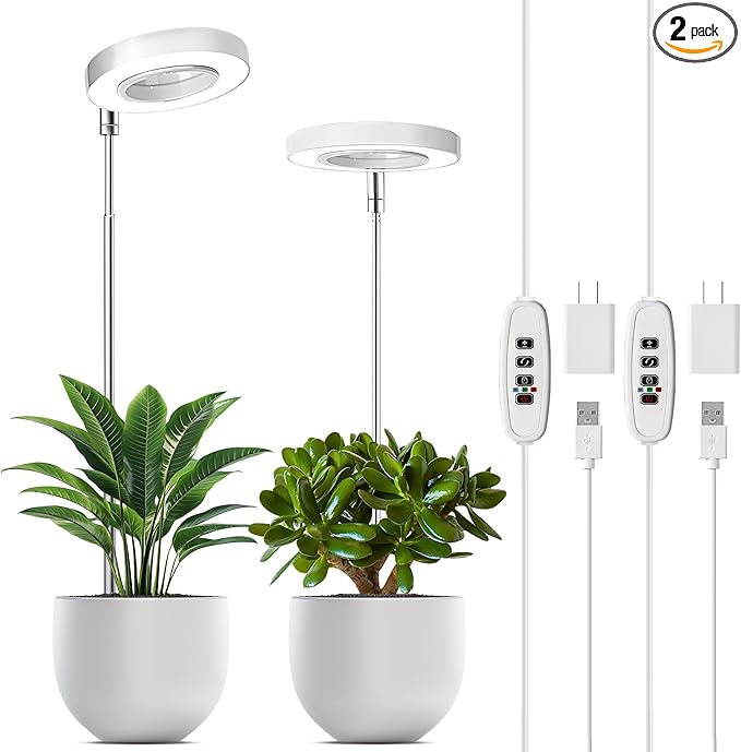 Plants Grow Lights, Full Spectrum LED Plant Lights for Indoor, Height Adjustable Growing Lamps, 3 Optional Spectrums, Auto Timer 3/9/12Hrs, 5 Dimmable Brightness, 2 Pack