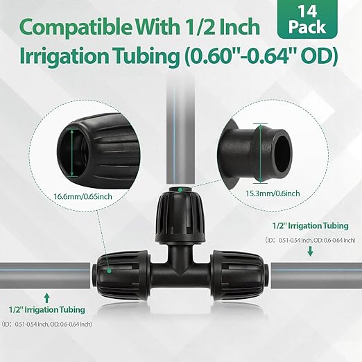 RedChili 14 Pcs 1/2 Inch Irrigation Tubing Tee Fittings, (1/2" ID x0.6-0.65" OD) 16mm Drip Tubing Barbed Locked Nuts Connectors Anti-Drop 1/2" T Parts for Garden Lawn Irrigation System