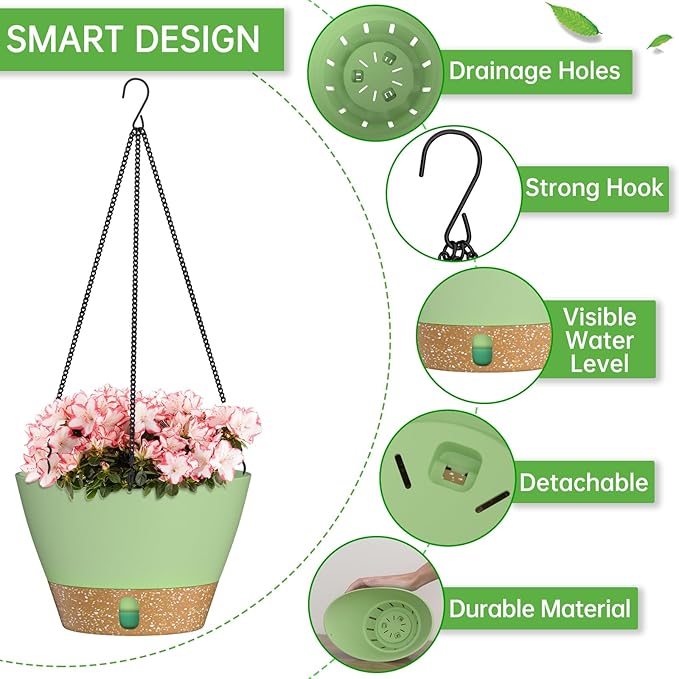 ZMTECH 2 Pack 8 Inch Hanging Planters for Indoor Plants, Modern Green Hanging Planter with Clear Water Window & Removable Tray, Decorative Plant Hanger Indoor for Home & Patio