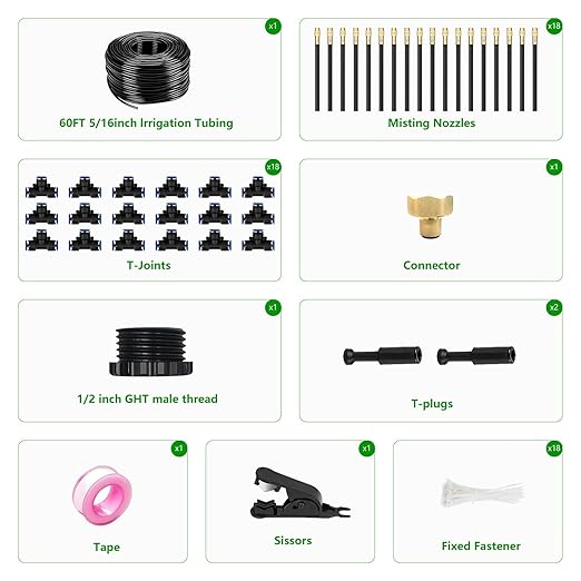 60FT Drip Irrigation System for Garden – Automatic Watering Kit with Solid Brass Metal Connectors, 360° Bendable Tubing &16 Adjustable Nozzles for Greenhouse, Lawn, Yard & Plants