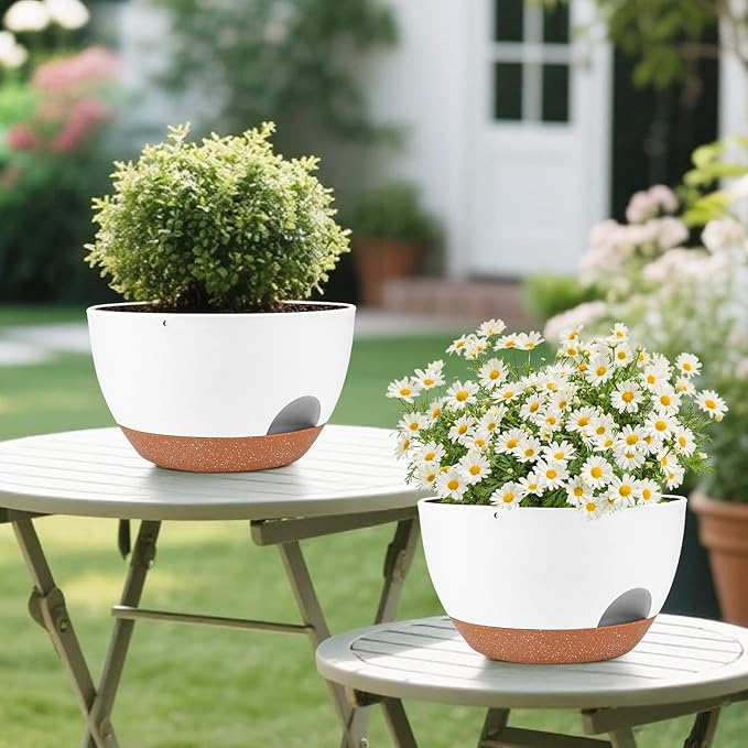 Vanslogreen Plant Pots 12inch Self Watering Pots, Set of 2 Plastic Planters with Drainage Holes and Saucers, Flower Pots for Indoor Outdoor Plants (White)