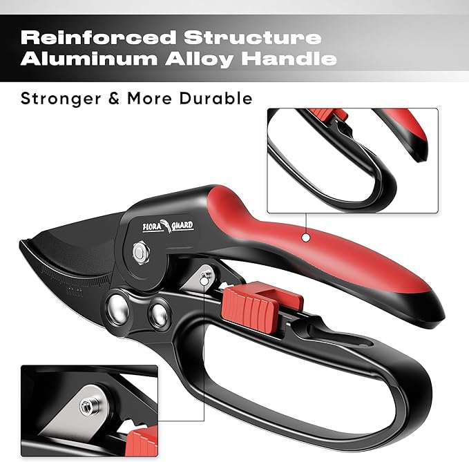 FLORA GUARD Ratchet Pruning Shears for Easy Cutting, Heavy Duty Garden Clippers for Thick Branches, 3-Step Ratcheting Hand Pruners for Weak Hands, Seniors & Gardening