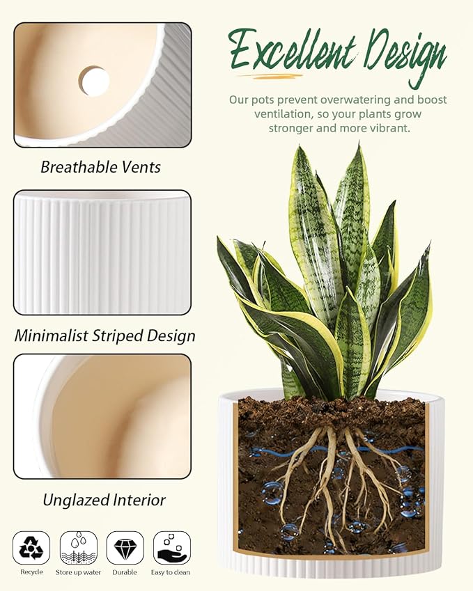 Ceramic Plant Pots, 8.1 + 6 Inch Planters for Indoor Plants, Modern Flower Pots for Plants with Drainage, Medium Cylinder Flower Pots for Indoor Plants, House Plants, Matte White