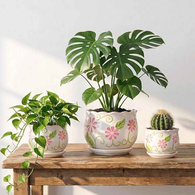 STHIE Pink Ceramic Flower Pots, 4"+5.2"+6.6" Inch Small Flower Pots for Indoor Plant with Drainage Hole,Modern Decorative Plant Pots Set of 3, Indoor Planters with Saucer