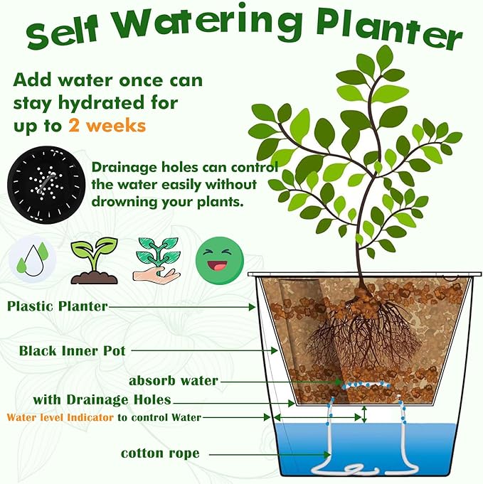 Planterhoma 5/6.7 Inch Self Watering Pots for Indoor Plants, 8 Packs Self Watering Planters for Orchid, Spider Plant, Devil's Ivy & African Violet, Water Indicator & Black Wick Pots, Black