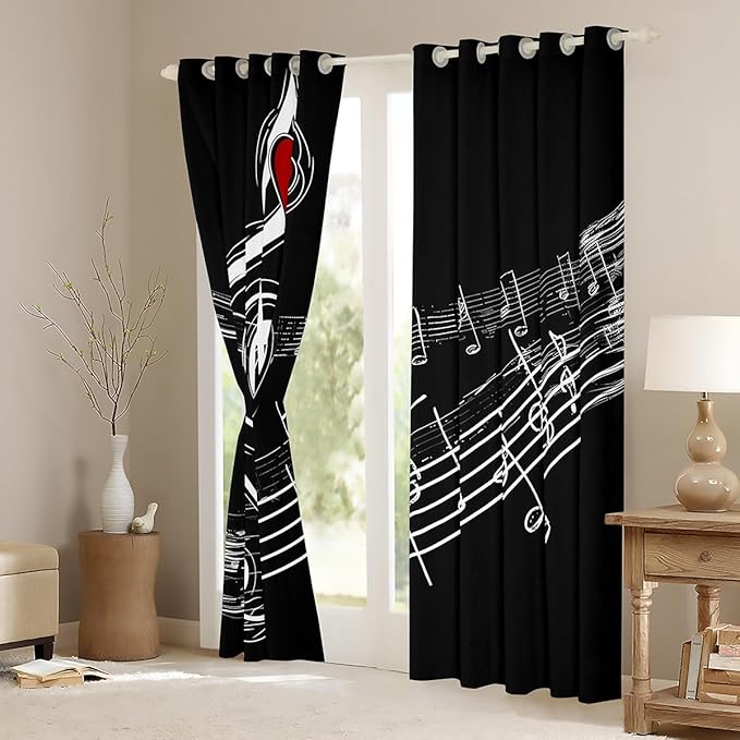 Feelyou Kids Room Decor Music Note Curtains Music Pattern Window Curtains Bedroom Living Room Kids Decor Boys Girls Themed Window Drapes Durable Treatments Black 42W X 63L,2 Panels