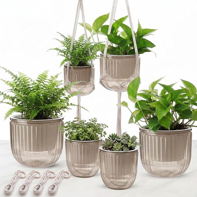 6 Pack Self Watering Hanging Planters Indoor Flower Pots(4.5 +6.5) Visible Water Level Markers 3 Hanging Ropes with Drainage Holes for Indoor Outdoor Garden Home Decor Supplies(Grey)