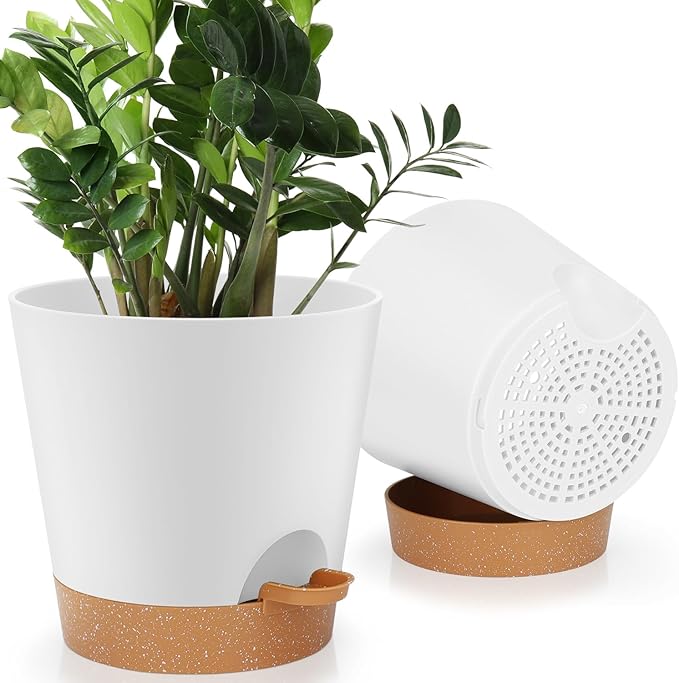 YNNICO 8-Inch Plant Pots, Self-Watering Planters with Drainage Holes & Saucers for Indoor and Outdoor Plants (2-Pack, White)