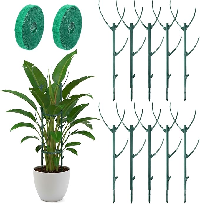 10 Pack Stackable Plant Support Stakes for Indoor Outdoor Plants, Pothos Plant Climber Support Structures with 2 Rolls Hook and Loop for Vine Training Stem Stabilization