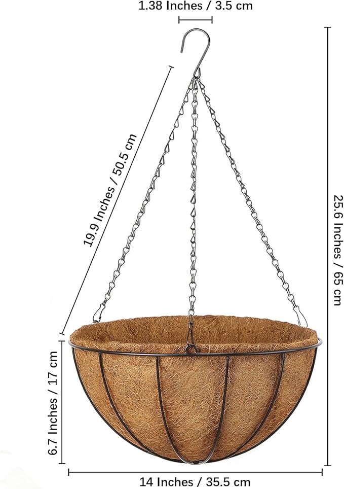 LCHUANG Hanging Baskets Planter for Plants - 2 Pack 14 Inch Metal Baskets with Coco Coir Liner, Hanging Flower Pots for Outside with Chain, Indoor Outdoor Garden Porch Decoration (14'' Pack of 2)
