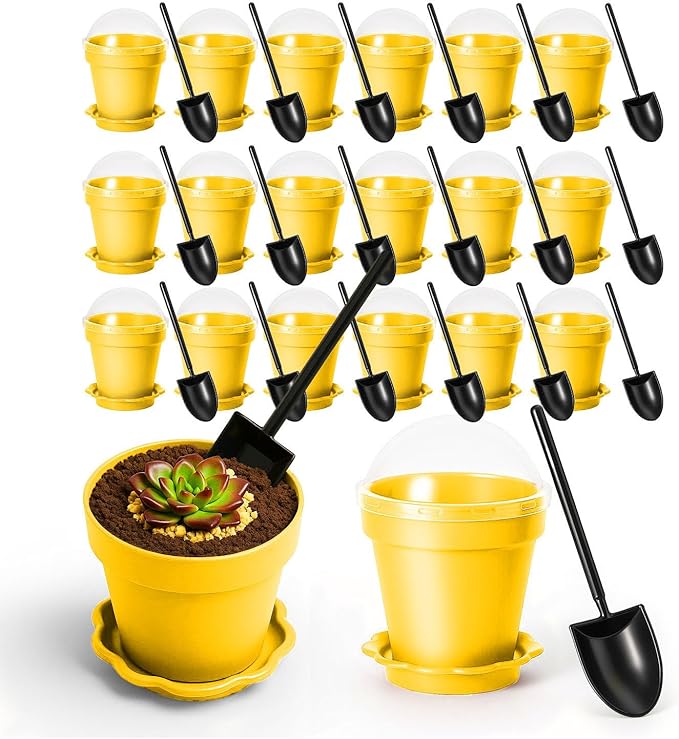 20 Pcs Nursery Pots with Humidity Dome, Flower Pot Dessert Cups with Bring A Plate and Shovel, Planting Cups for Seeds for Indoor Gardening and Plant Propagation(Yellow)