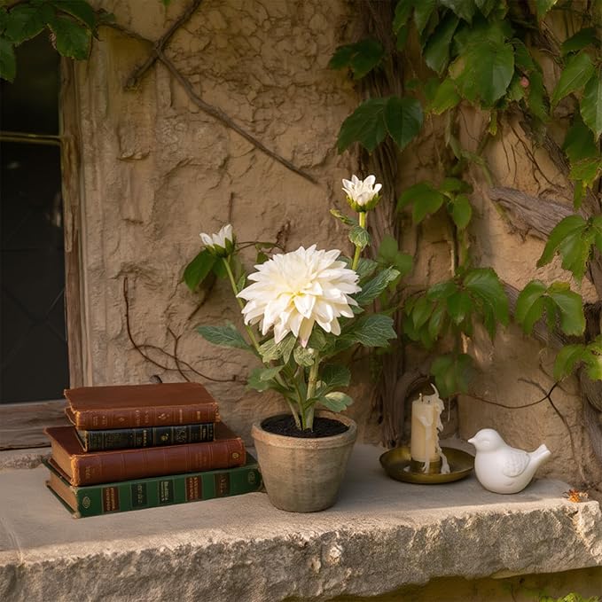 White Dahlia Flowers Fake Silk Mums Flower Artificial Chrysanthemum Flowers Faux Flowers for Vase Mums in Pot Spring Decor Coffee Table Home Party Decoration