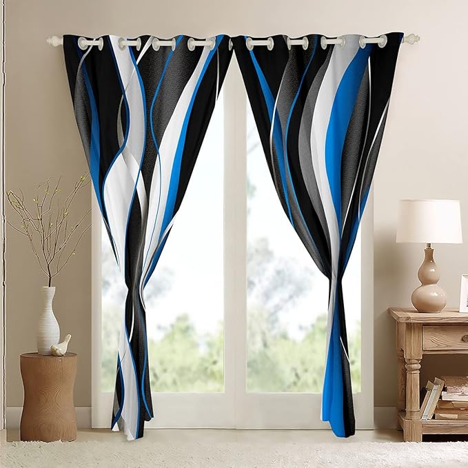 Feelyou Blue Black Curtains Geometric Spiral Pattern Window Drapes for Kids Boys Girls Modern Abstract Blackout Curtain Grey White Window Treatments 38W X 54L，2 Panels