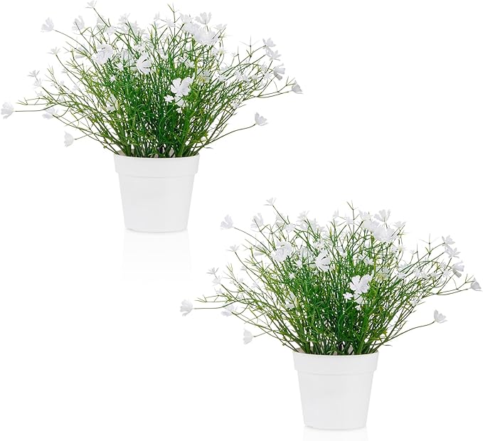Artificial Babys Breath Potted Fake Plants with Flowers Faux Plants Indoor for Home Office Bookshelf Table Room Decor, White (Pack of 2)