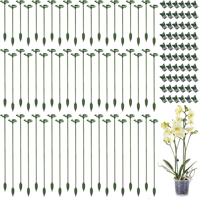 ZEAYEA 60 Pack Plant Support Stakes with 60 Pcs Plant Clips, Plastic Single Stem Plant Cage Support Ring, Garden Floral Flower Support Hoops for Indoor Outdoor Orchid Amaryllis Tomato Peony Lily Rose