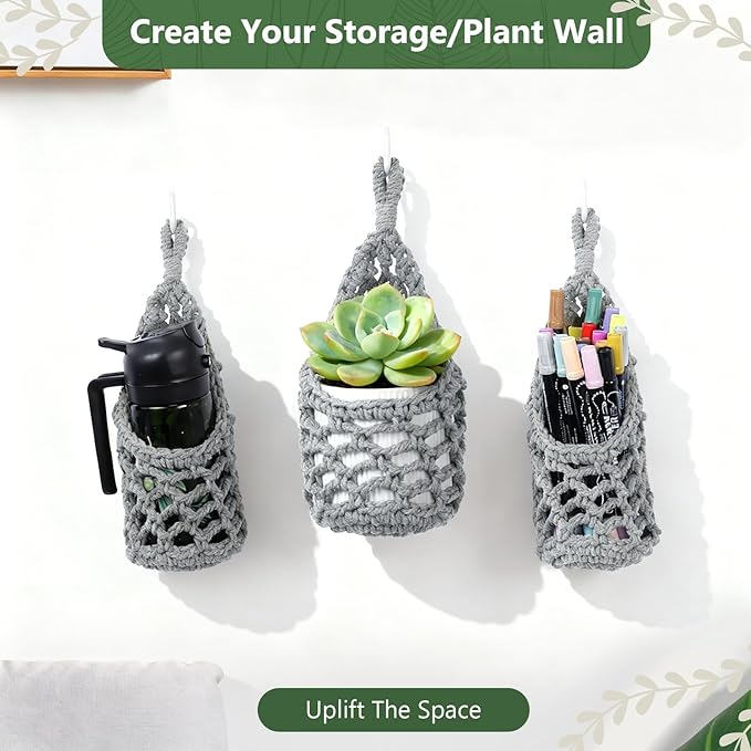 Macrame Wall Plant Hanger, Hanging Planter Basket Holder, Wall Planters for Indoor Plants, for Up to 4 Inch Pot (Grey, 4-Inch)