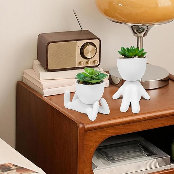 Zerzsy Set of 2 Small Fake Plants with Human-Shaped Pots, Fake Succulents Plant Artificial Office Desk Accessories Decorations Funny Room Decor Mini Plant Bathroom Decorations (Ceramic White)