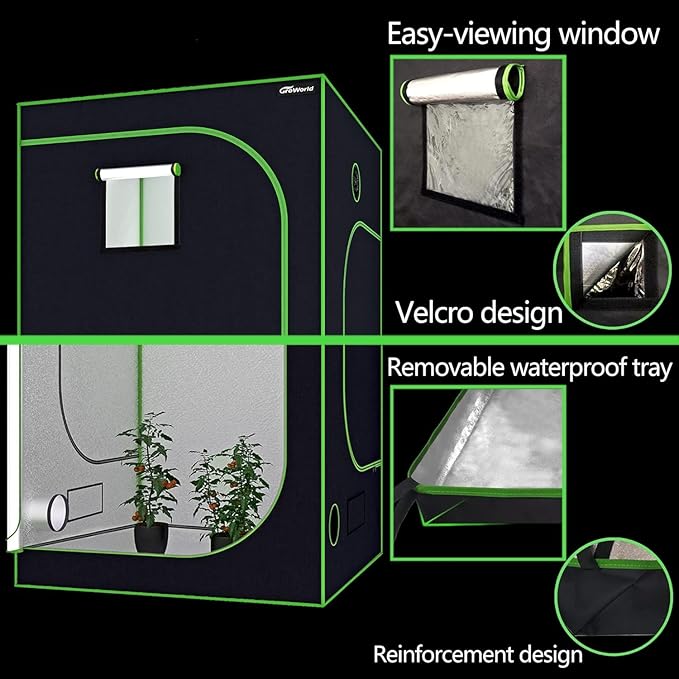 Mylar Grow Tent Kit 5x5x6.7 Ft, 600D Oxford Cloth with 19mm Metal Poles, Waterproof Removable Tray, Tool-Free Assembly for Indoor Hydroponic Plant Growing (Black 60"x60"x80")