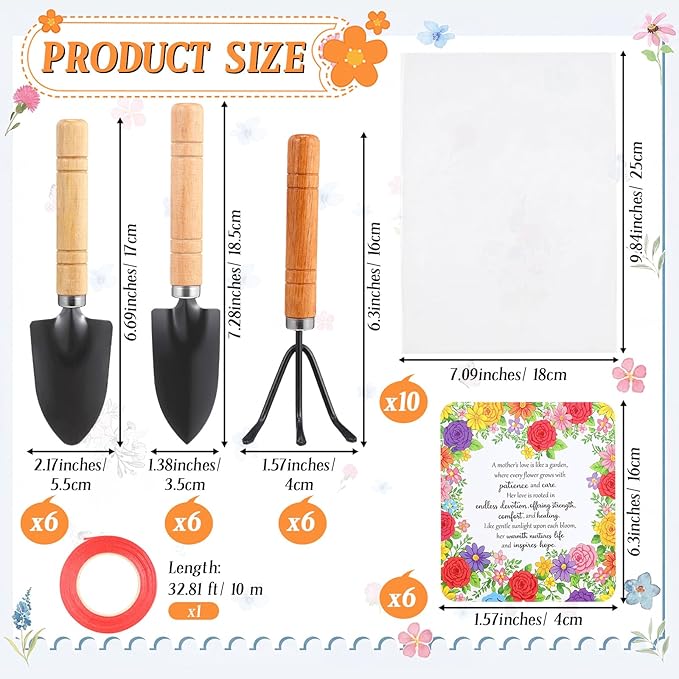 Cuffbow 6 Set Mother's Day Gardening Gifts Floral Gardening Gloves, Garden Shovel, Mini Garden Tools with Mother's Day Cards and Bags for Mom Grandma Birthday Gift (Cute)