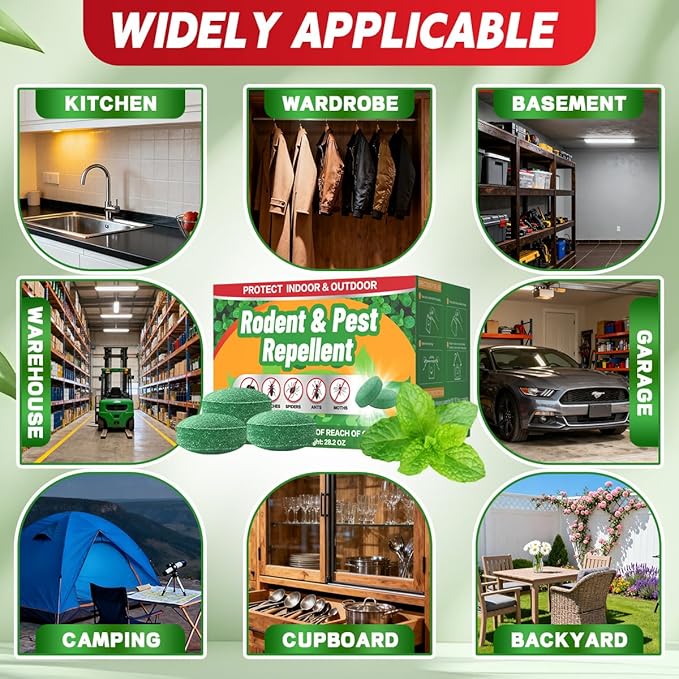 Rodent Mole Repellent for Indoor Outdoor - Peppermint Essential Oil Extra Strength for Mice Rat Mouse Bug Spider Roach Repellent Pouches, Moth Balls Pest Control Natural Home Safe 32 Packs