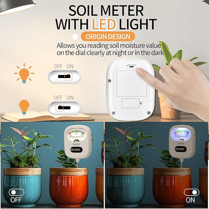 Soil Moisture Meter, Moisture Meter for Plants with Large Screen, Soil Hygrometer and Soil Test Kit with Light, Essential Garden Tools for Indoor Outdoor House Plants, Garden, Lawn Care