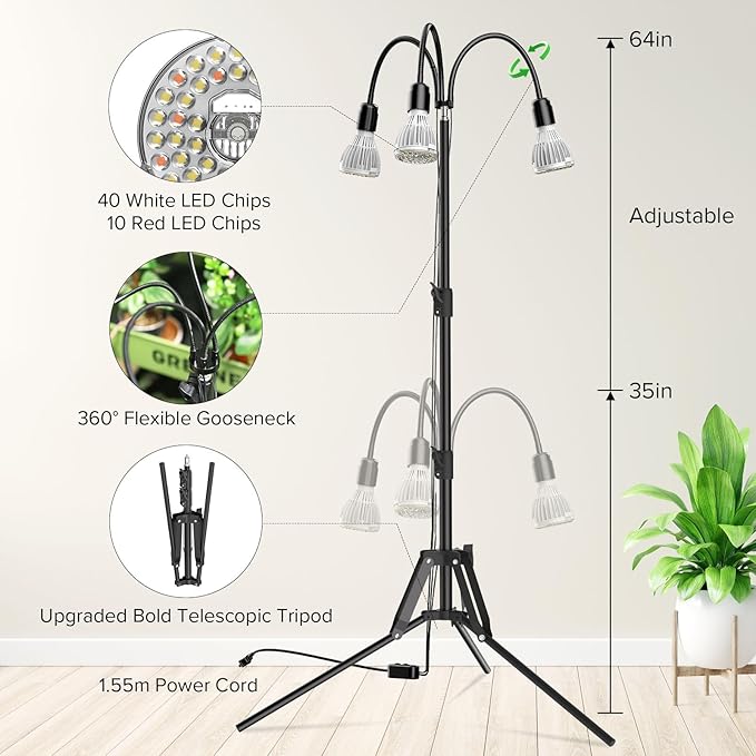 SANSI Upgraded 90W Grow Light with Adjustable Tripod Stand, 5000K 660nm Full Spectrum 700W Equiv. LED Floor Plant Light for Indoor Plants, Grow Lamp with Replaceable Bulbs for High PPFD Growing