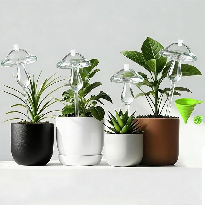 4 PCS Top-Fill Self Watering Globes, Automatic Plant Watering Devices, Transparent Self Watering Planter Insert, Durable Clear Glass Aqua Bulbs for Indoor, Mushroom Shape, & Funnel