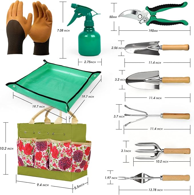 Garden Tool Set, 10 PCS Gardening Essentials, Stainless Steel Garden Hand Tools with Tote Bag, Well-Designed Gardening Supplies Kit Gifts for Women Men Gardeners