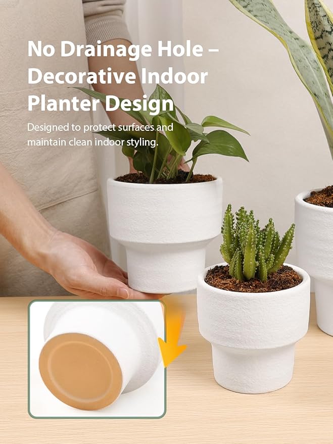INGOFIN Ceramic Planter Pot Set of 3, 4/5/6 Inch Indoor Decorative Cachepot for Pothos & Succulents, No Drainage Hole, Modern Architectural Plant Display for Contemporary Home Decor, Sandblasted White