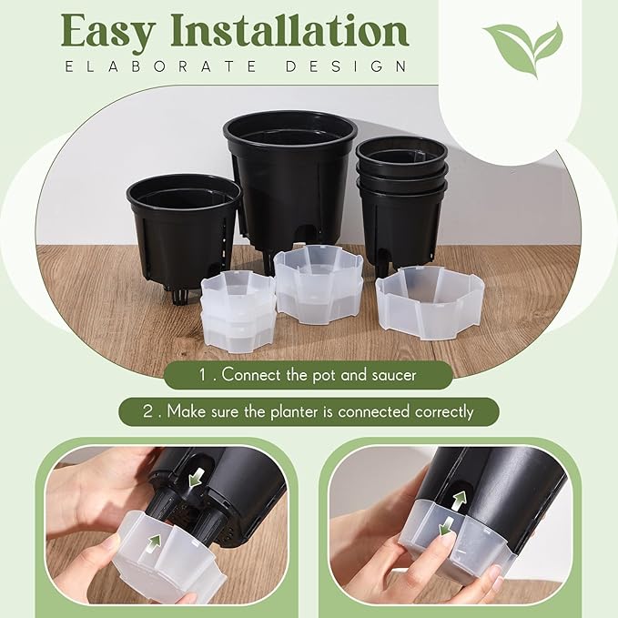 Wonderjune Self Watering Pots for Indoor Plants with Deep Reservoir and High Drainage Holes for Outdoor Plants and Flowers, Bare Root Planter(5.91'',Black,9 Pcs)