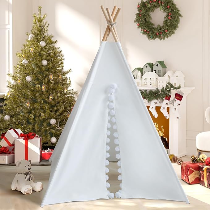 WIRHAO Teepee Tent for Kids with Padded Mat Cotton Canvas Kids Teepee with Pompom for Toddlers Indoor Play Tent for Girls Boys with Stars Lights, Carry Bag, Banner Flag (Snowman)