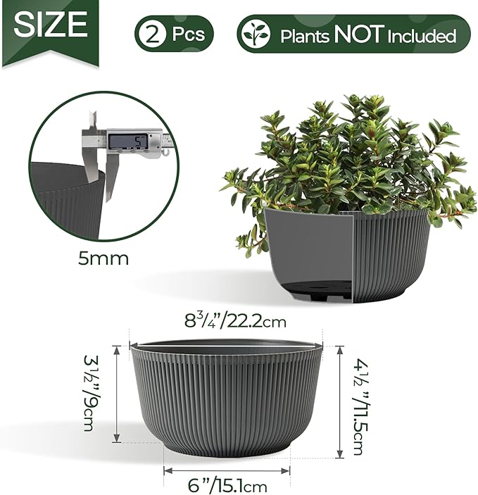 T4U 8 Inch Self Watering Pots for Indoor Plants, 2 Pack Plant Pots, Self Watering Planter for Indoor Plants, Durable Plastic Pots (2 Pack, 8", Gray)