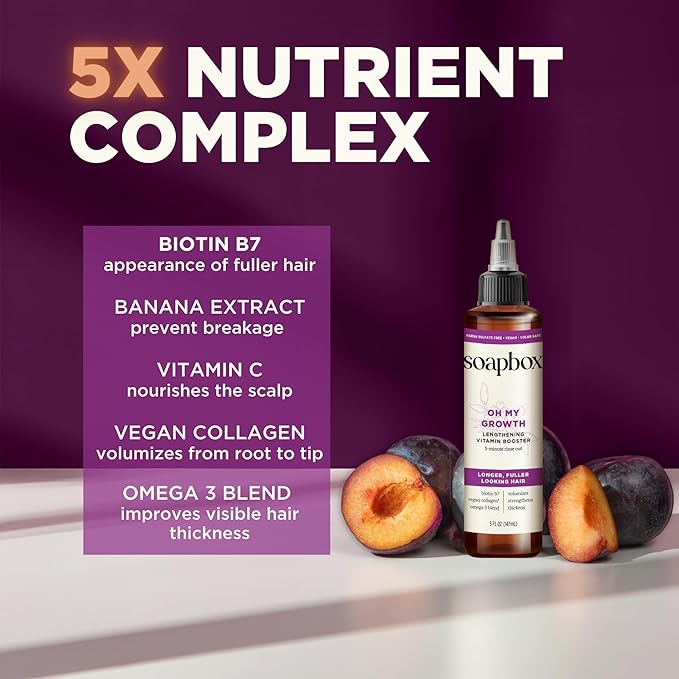 Soapbox Oh My Growth, Lengthening Vitamin Booster Treatment for All Hair Types with Biotin, Vegan Collagen & Vitamins A & C, Paraben & Cruelty Free, For Thicker, Fuller Hair Men & Women, 5oz Pack of 2