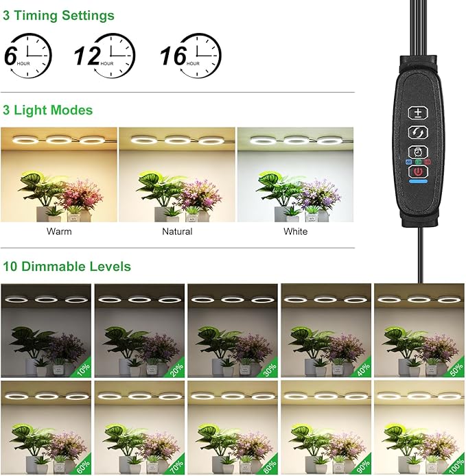 4.72in Indoor Plant Grow Lights, Full Spectrum Grow Lamp, Warm+White LEDs Plant Growing Light for Cabinets and Plant Shelf, with 6/12/16H Timer, 3 Lighting Modes, 10 Brightness Levels, 2 Head