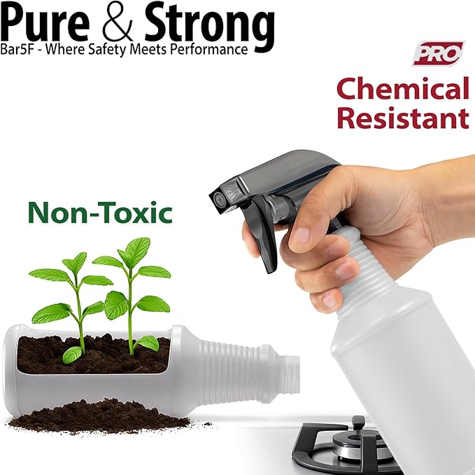 Bar5F Chemical-Resistant Spray Bottle – BPA-Free, Durable, Adjustable Nozzle for Cleaning, Gardening, Hydrogen Peroxide, Rubbing Alcohol, Leak-Proof, Multipurpose (Black (2-Pack) 16-Ounce)