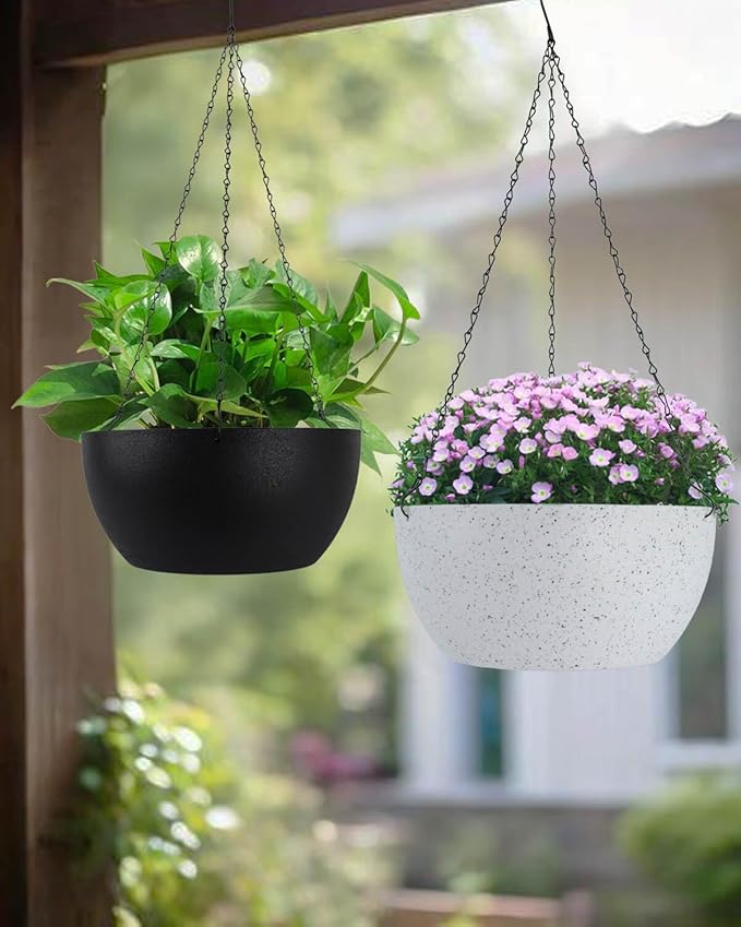 vensovo 12 Inch Large Hanging Planters for Outdoor Plants - 2 Pcs Plastic Hang Planter Flower Pot Baskets with Drainage Holes and Chain, Plant Pots for Home Garden Decor, Black
