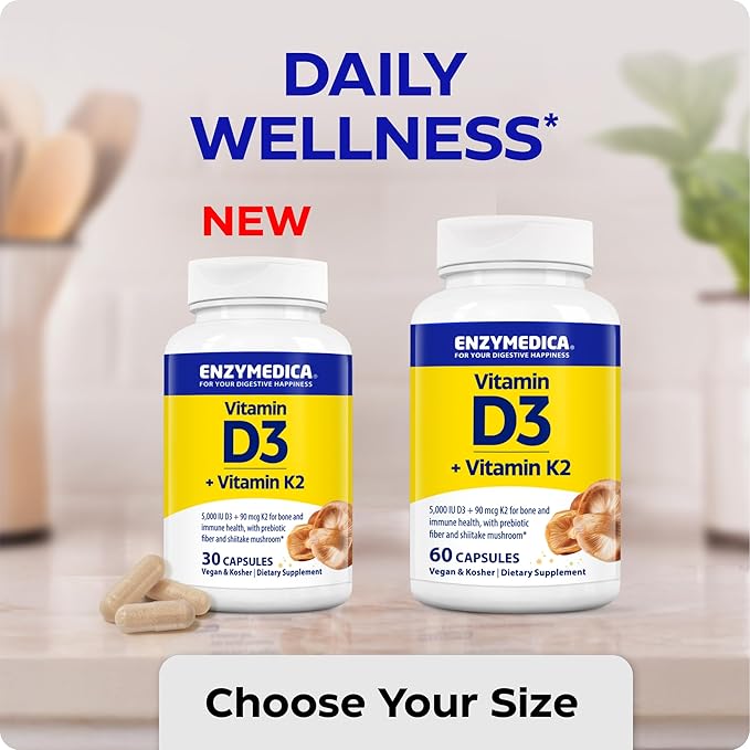 Enzymedica Vitamin D3 K2, 5000 IU Vegan D3 + 90 mcg MK-7, Plant-Based Supplement with Shiitake Mushroom & Prebiotic Fiber for Bone & Immune Support, 30 Capsules (Pack of 2)