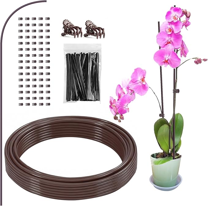 32ft Plant Support Stakes with 50 Pcs Plant Clips and 800 Ties, Plant Sticks for Indoor and Outdoor Plants, Orchid Clips and Stakes, Tall Bendable & Cuttable Single Stem Flower Stakes (Brown, 32Ft)