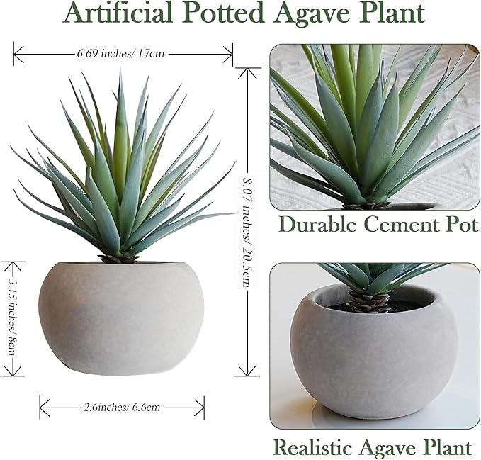 Jahe Artificial Plants Indoor, Matte Pot Mini Artificial Plants Agave, 8.07 in Faux Agave Plant UV Resistant Gray Cement Pot, Perfect for Living Room Bathroom Study Desk Decor, Ideal as a Gift, 1 Pcs