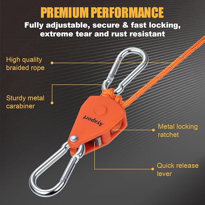 Ayaport Adjustable Rope Hanger Grow Light Hanger, 8Ft 1/8" Heavy Duty Plant Pulley Rope Tightener Ratchet Tie Down for Kayak, Tarp, Tent Tie Downs, Hanging Plants, Filters, Fans