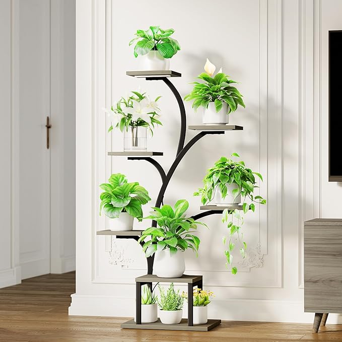 BACEKOLL Plant Stand Indoor with Grow Lights, 7 Tiered Indoor Plant Shelf, 49" Corner Plant Stands for Indoor Plants, Metal Plant Flower Display Shelf, Tree-Shaped Plant Rack for Home, Patio, Grey