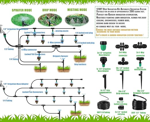 Leak-Proof Drip Irrigation Kit,Quick Connect Irrigation System, Lock Barbed Garden Watering System with 1/4 inch 1/2 inch Irrigation Tubing Hose for Garden,Raised Garden Bed, Lawn