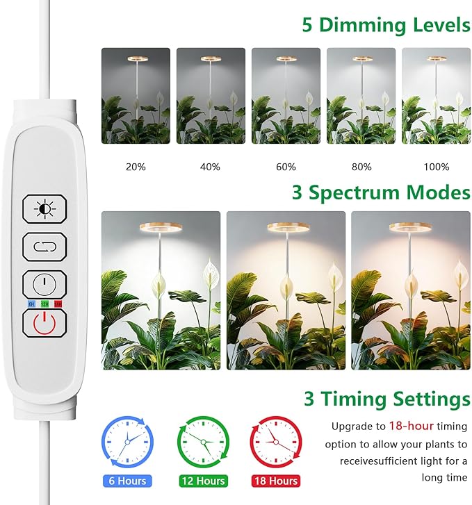 SDOVUERC Full‑Spectrum Grow Lights for Indoor Plants – Adjustable Height Plant Lamp with Wood‑Grain Finish, 6/12/18H Timer, 3 Color Modes, Perfect Plant Lights for Indoor Growing.(Pack 1)