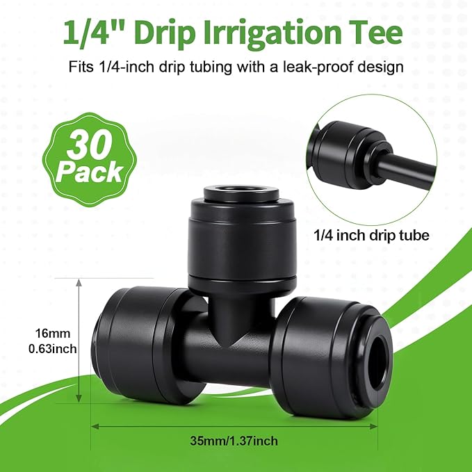 RedChili 30 PCS Quick Connect Drip Irrigation 1/4" Tee Fitting, Universal 3 Way Tee Connectors for 1/4-Inch Drip Tubing Leak Free T Fittings for Sprinkler Irrigation System Connection