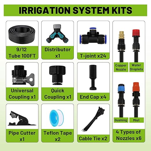 Drip Irrigation Kit - 100ft Automatic Watering System with 24 360° Sprinkler Nozzles, T-Connectors for Garden, Lawn, Greenhouse, Patio Plants & Hydroponics