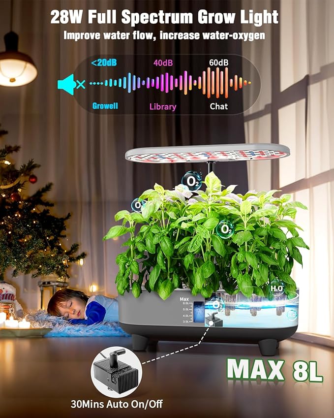 Growell Hydroponics Growing System Kit, 16 Pods Indoor Garden with 28W Full Spectrum LED Grow Light, Auto Timer, 3 Smart Light Modes, 8L Large Herb Garden, Ideal Gardening Gift for Women, Men (Gray)