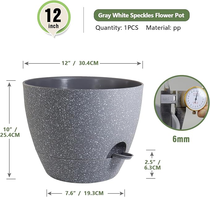 Meowell 12 inch Large Self Watering Pots, Plant Pots with Mesh Drainage Holes for Indoor Outdoor Plants, Plastic Planters with Deep Reservoir for Garden House Flower Plants, Speckled Grey